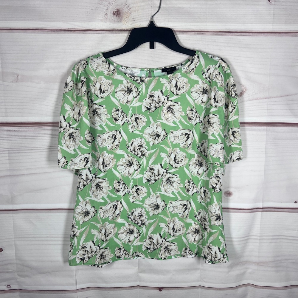 Ann Taylor Factory Blouse Women Medium Green Floral Short Sleeve Keyhole Back